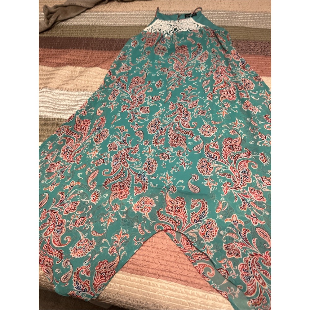 Sequin Hearts Turquoise Paisley A-Line Dress Sleeveless Sequin Accents Medium